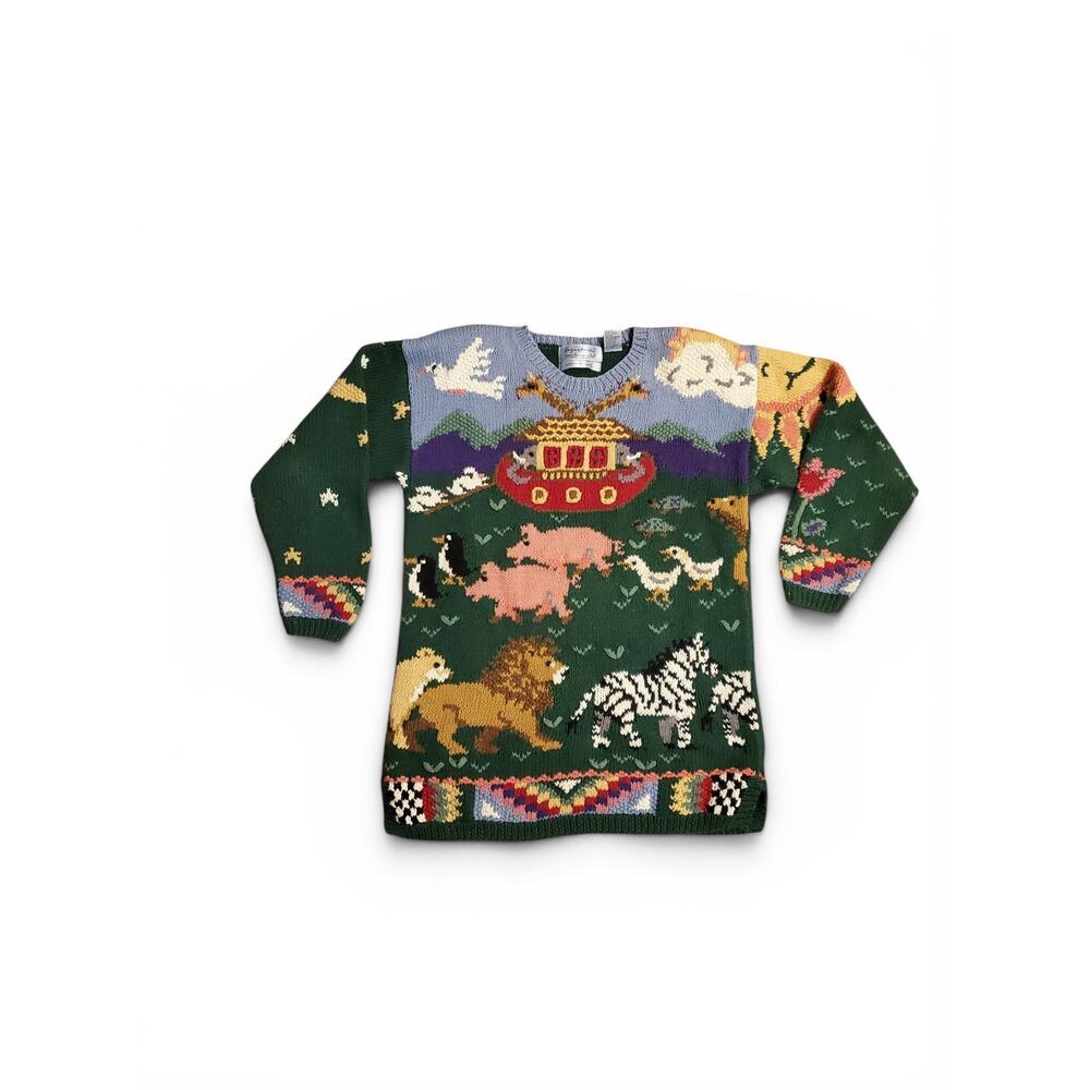 Vintage Noah's Ark Pullover Sweater 90s FIsh Whale Animals Novelty Embroidered